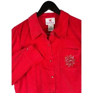 NWOT Quacker‎ Factory Corduroy Shirt Women M Red Christmas Rhinestone Poinsettia